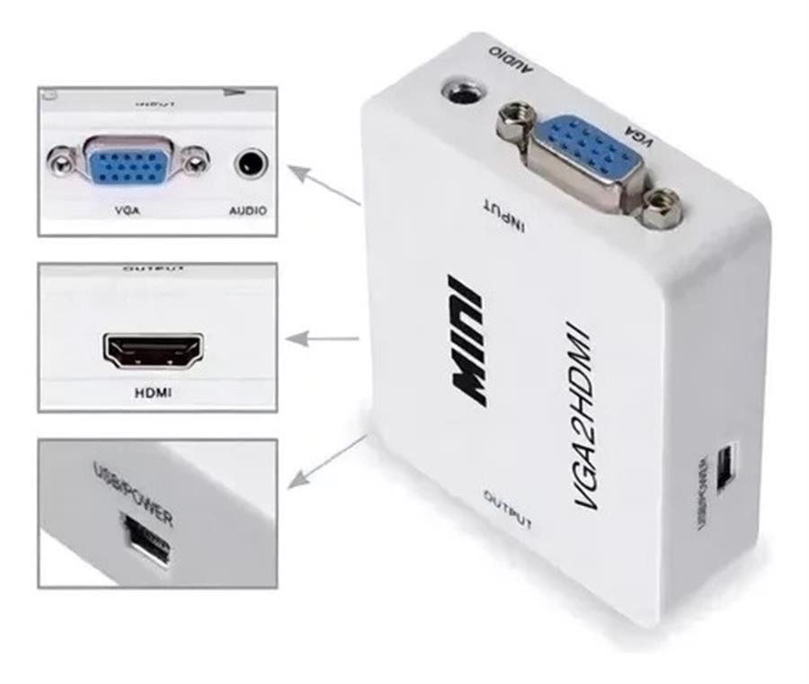 CONVERSOR VGA H a HDMI H SKYWAY - ADAPTADOR ENTRADA VGA Y SALIDA HDMI - NO ES BIDIRECCIONAL - CABLE MINI USB NO INCLUYE TRANSFORMADOR 5V 2A