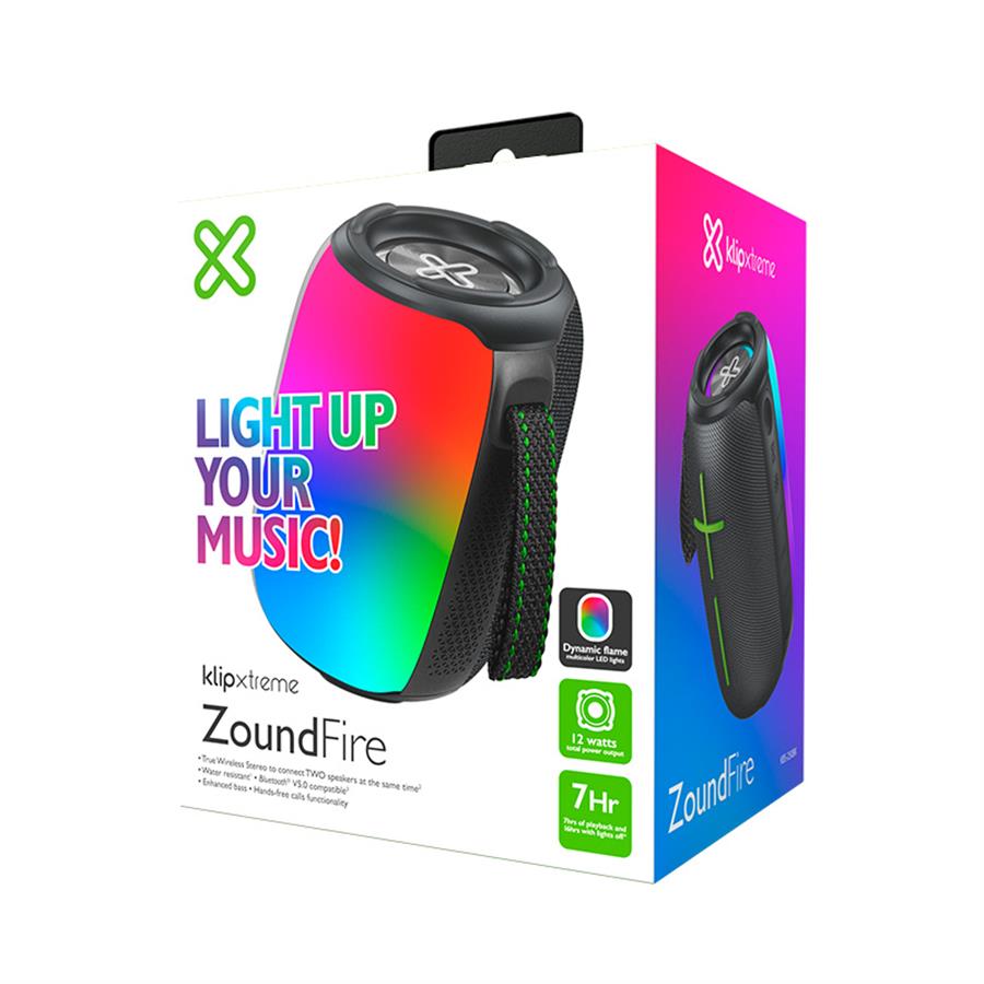 PARLANTE KLIPXTREME ZOUNDFIRE PORTATIL STEREO TRUE BT LED LIGHT 16HS - 12W - IPX6 RGB (KBS-250BK)